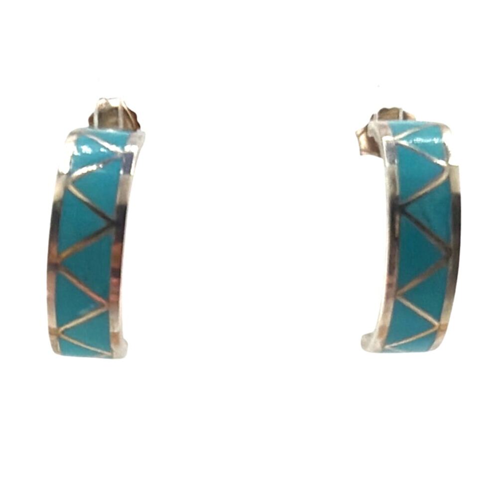 Vintage Zuni Artisan Claudine Haloo Sterling Silver and Turquoise Hoop Earrings